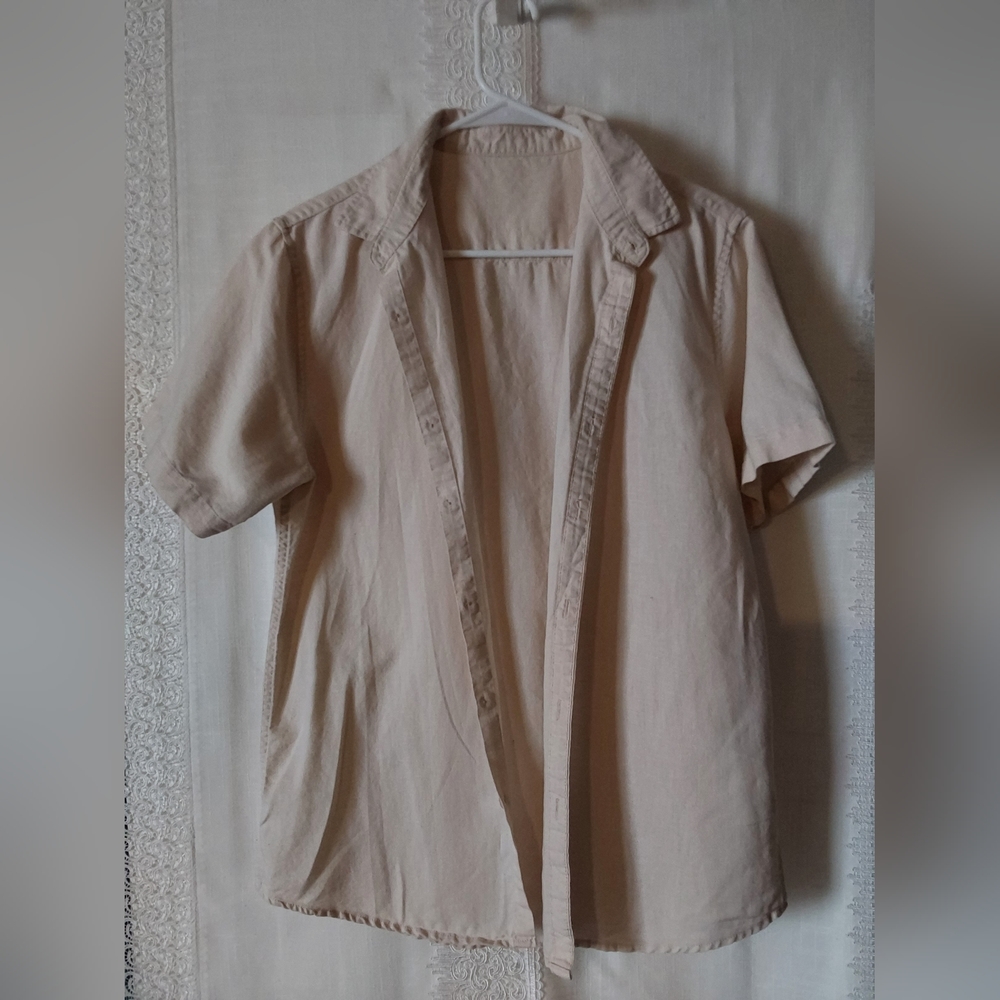 Thrifted Vintage Shirt, Men's Beige Short Sleeve Button up Linen Shirt, Medium - Picture 6 of 6